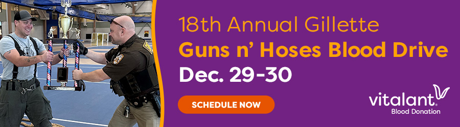 18th Annual Gillette Guns n’ Hoses Blood Drive Digital Ad 970X250